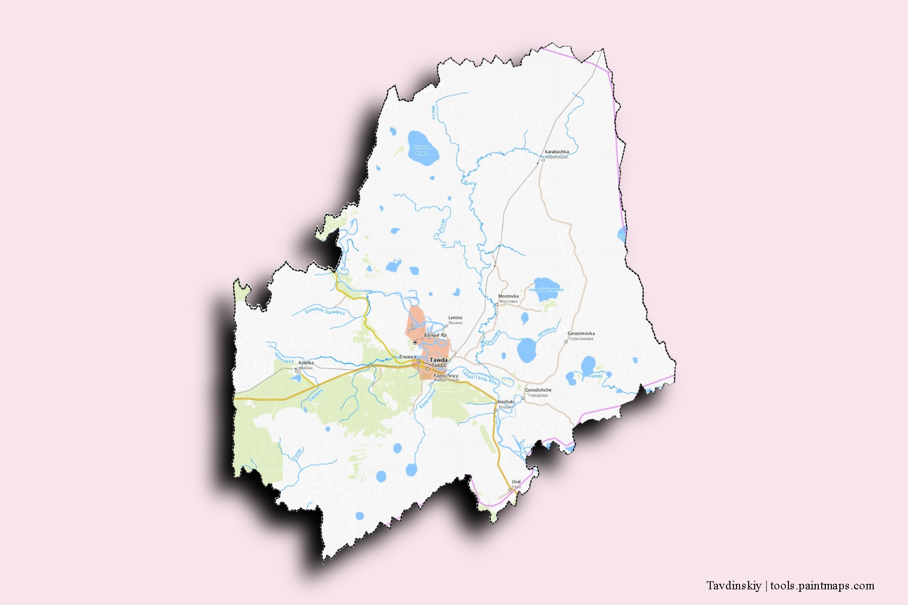 Tavdinskiy neighborhoods and villages map with 3D shadow effect