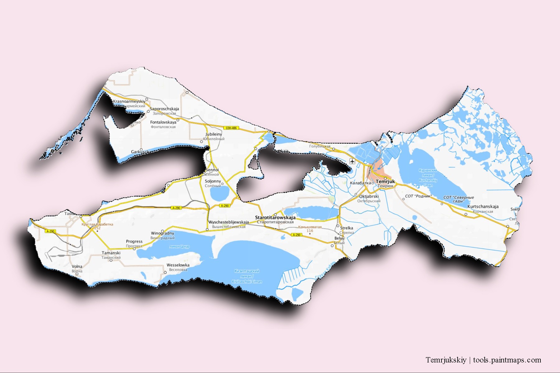 Temrjukskiy neighborhoods and villages map with 3D shadow effect