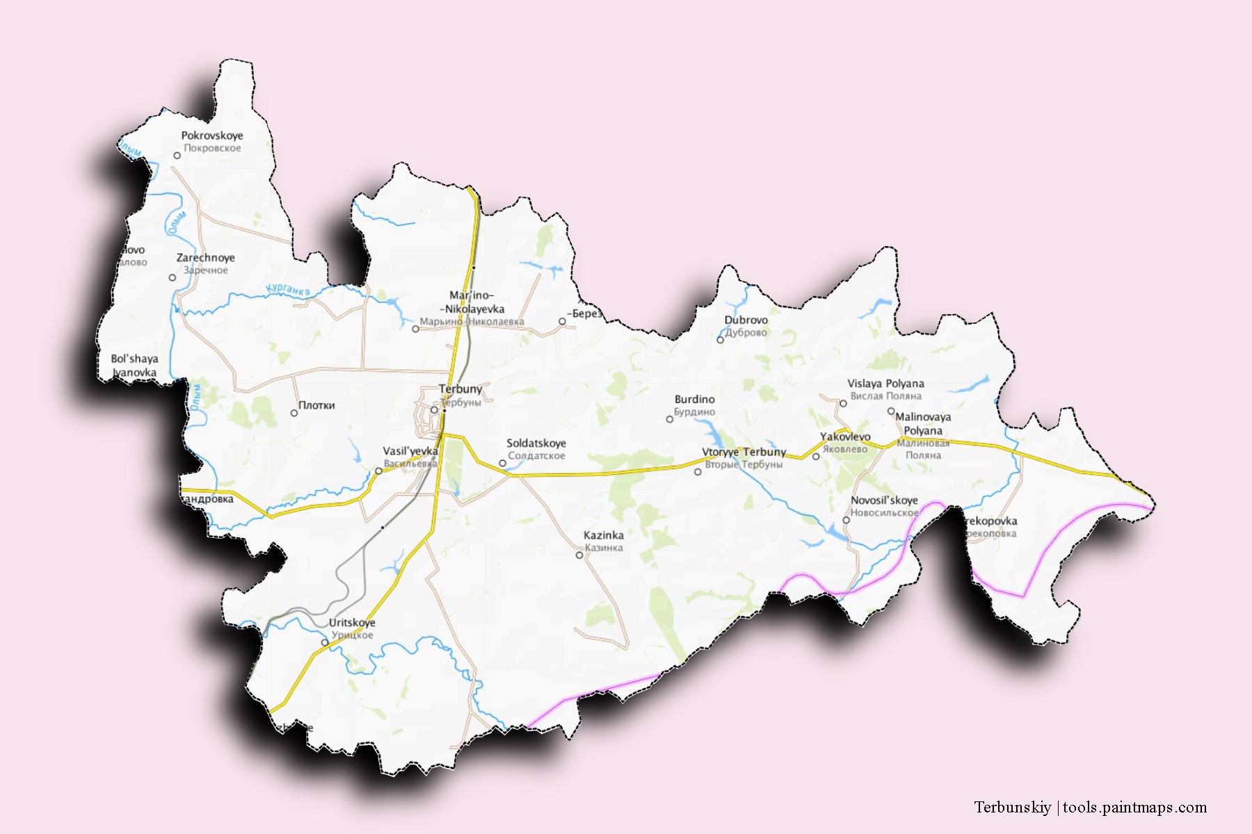 Terbunskiy neighborhoods and villages map with 3D shadow effect