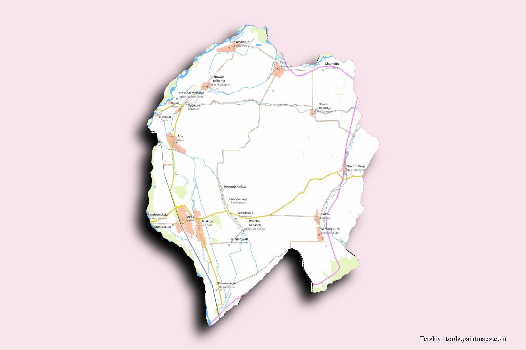 Mapa de barrios y pueblos de Terskiy con efecto de sombra 3D