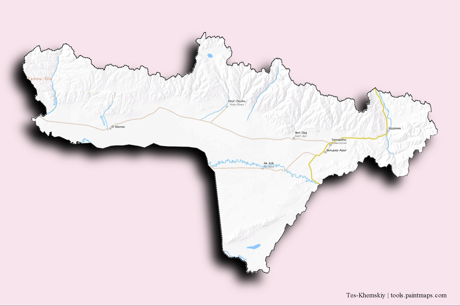 Mapa de barrios y pueblos de Tes-Khemskiy con efecto de sombra 3D