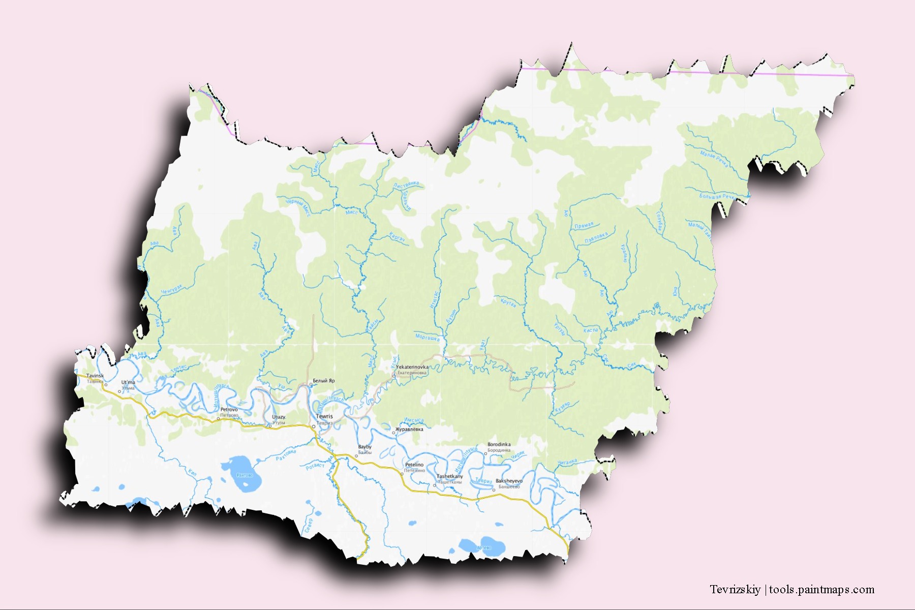 Mapa de barrios y pueblos de Tevrizskiy con efecto de sombra 3D