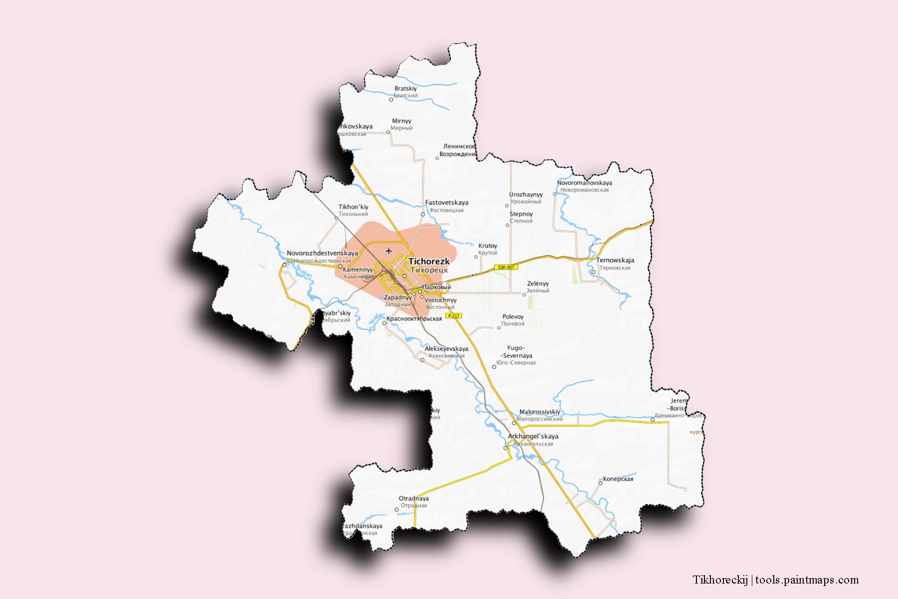 Tikhoreckij neighborhoods and villages map with 3D shadow effect