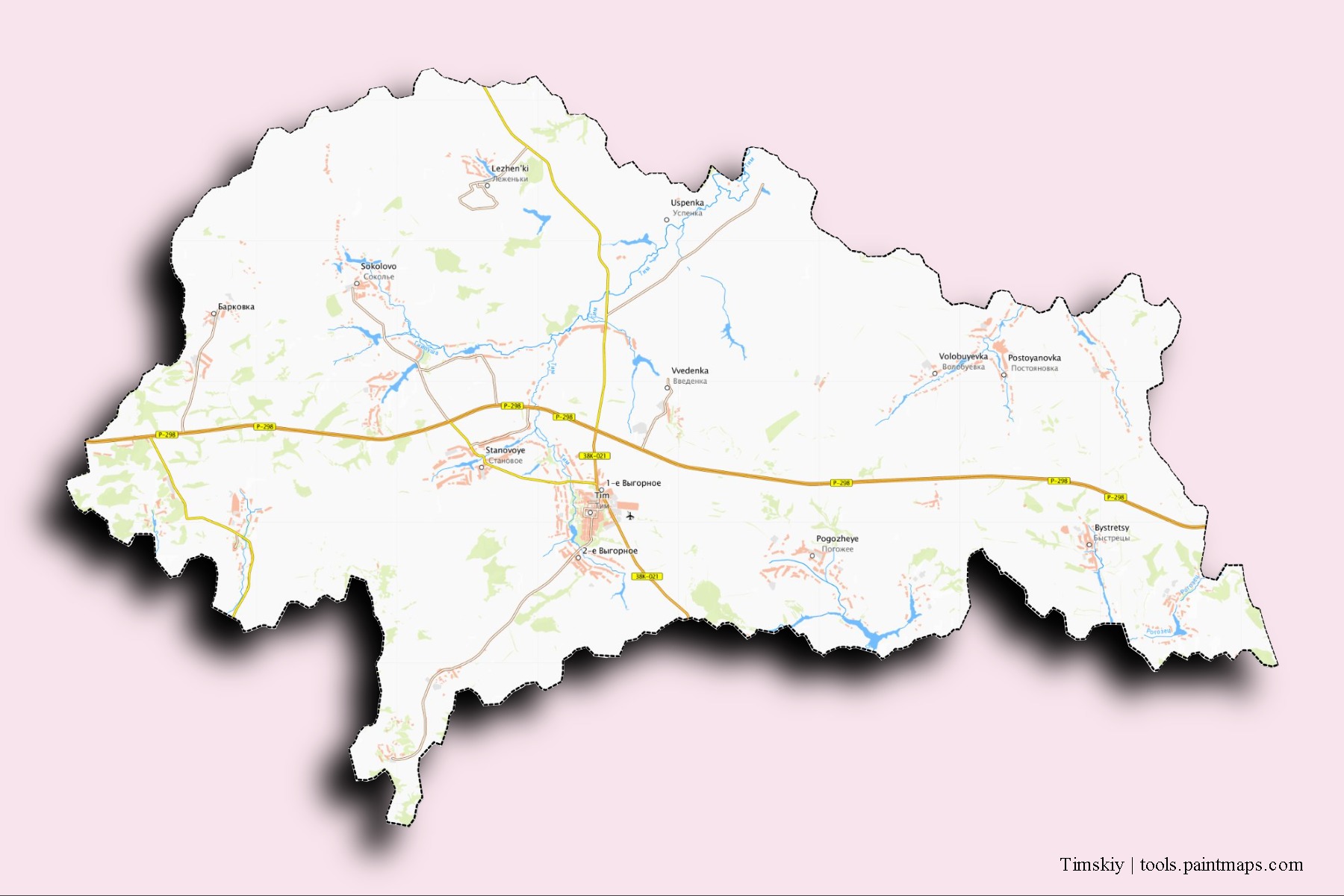 Timskiy neighborhoods and villages map with 3D shadow effect