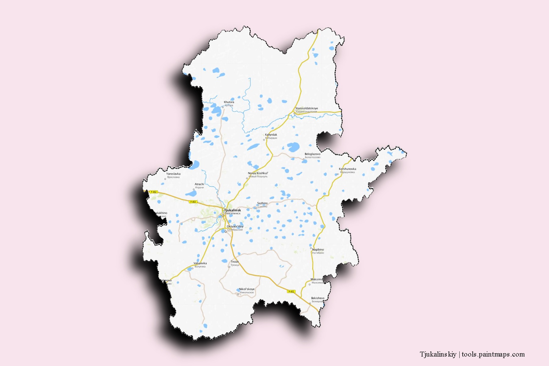 Mapa de barrios y pueblos de Tjukalinskiy con efecto de sombra 3D