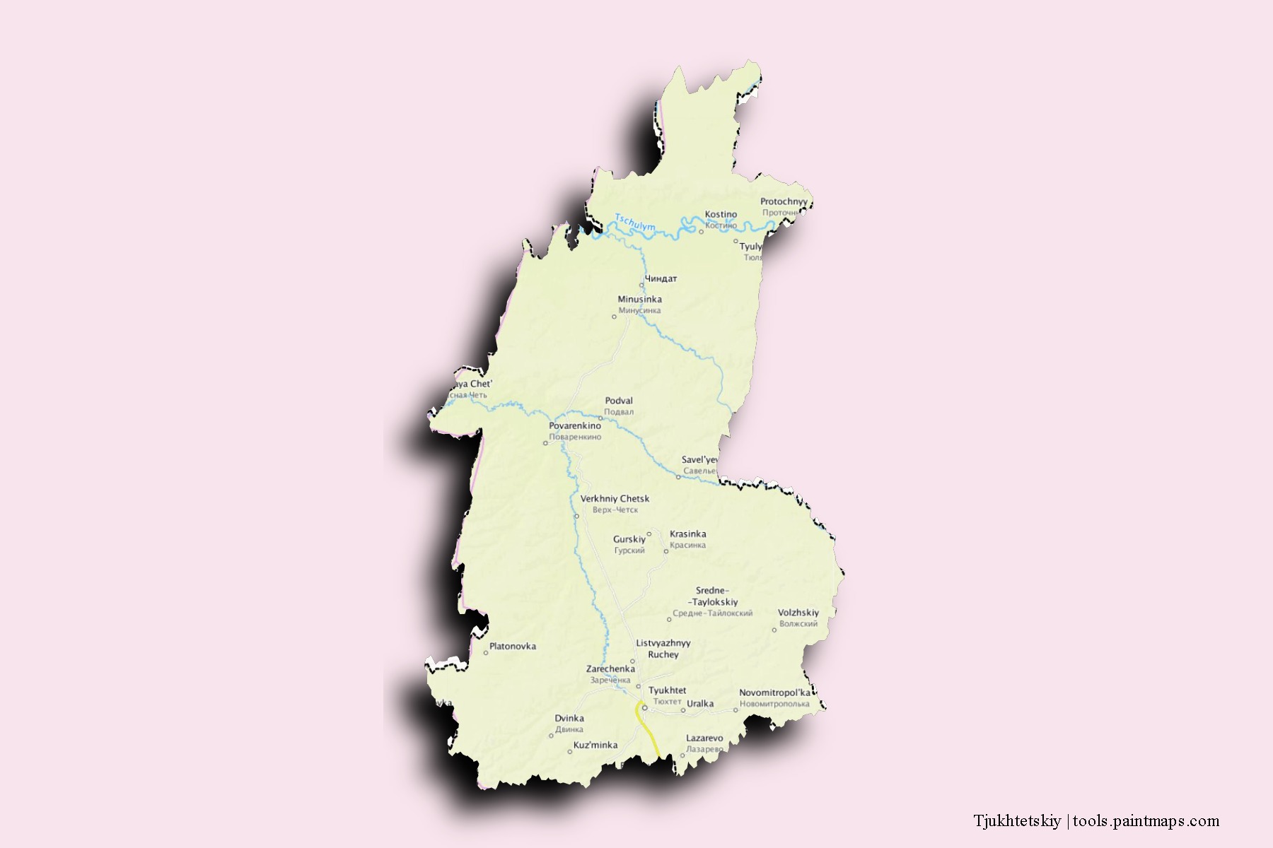 Mapa de barrios y pueblos de Tjukhtetskiy con efecto de sombra 3D