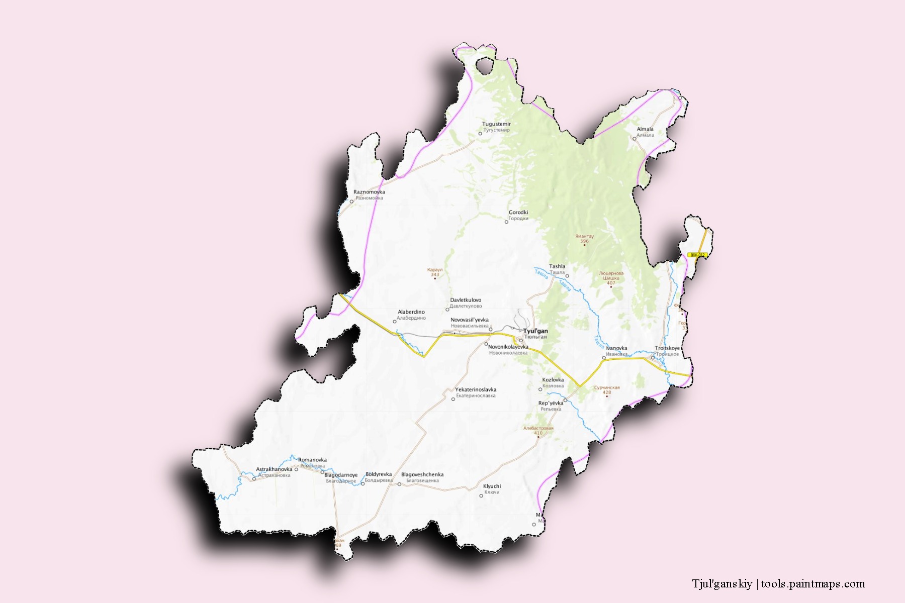 Mapa de barrios y pueblos de Tjul'ganskiy con efecto de sombra 3D