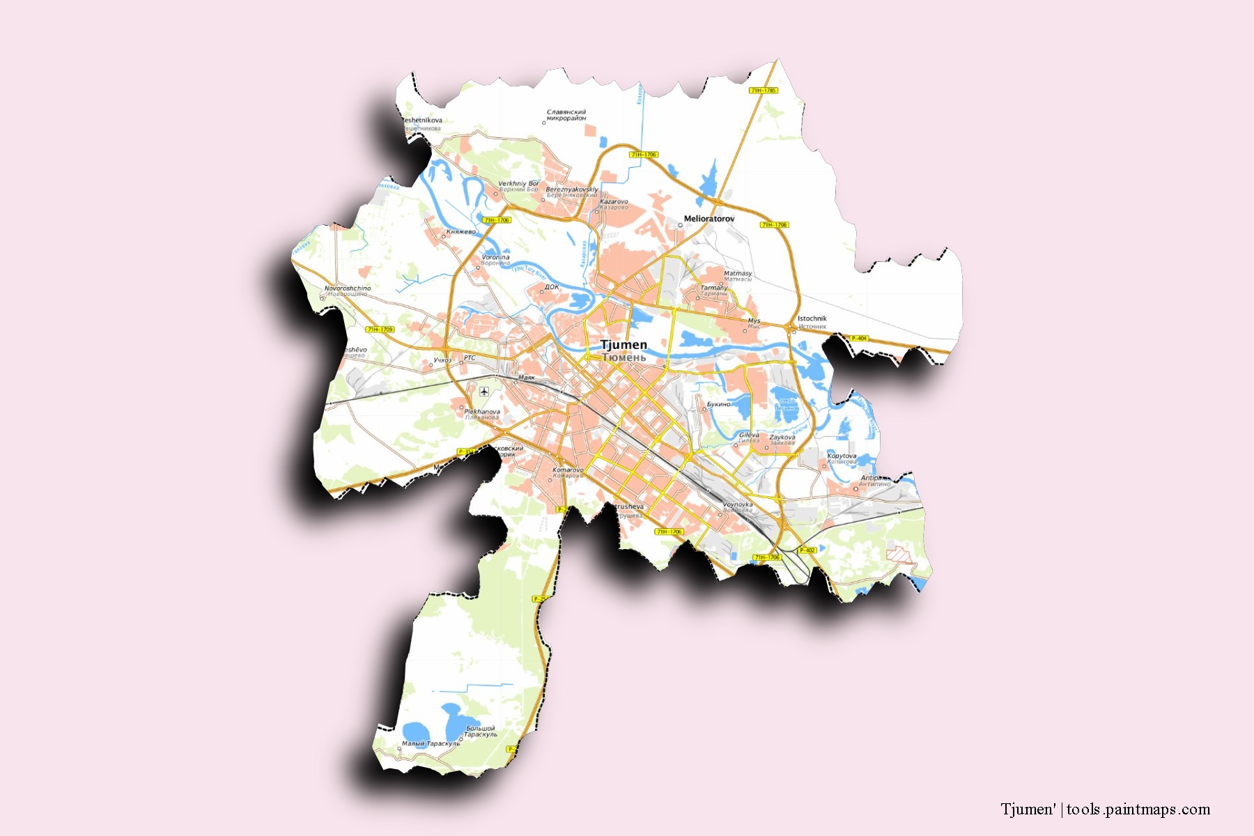 Tjumen' neighborhoods and villages map with 3D shadow effect