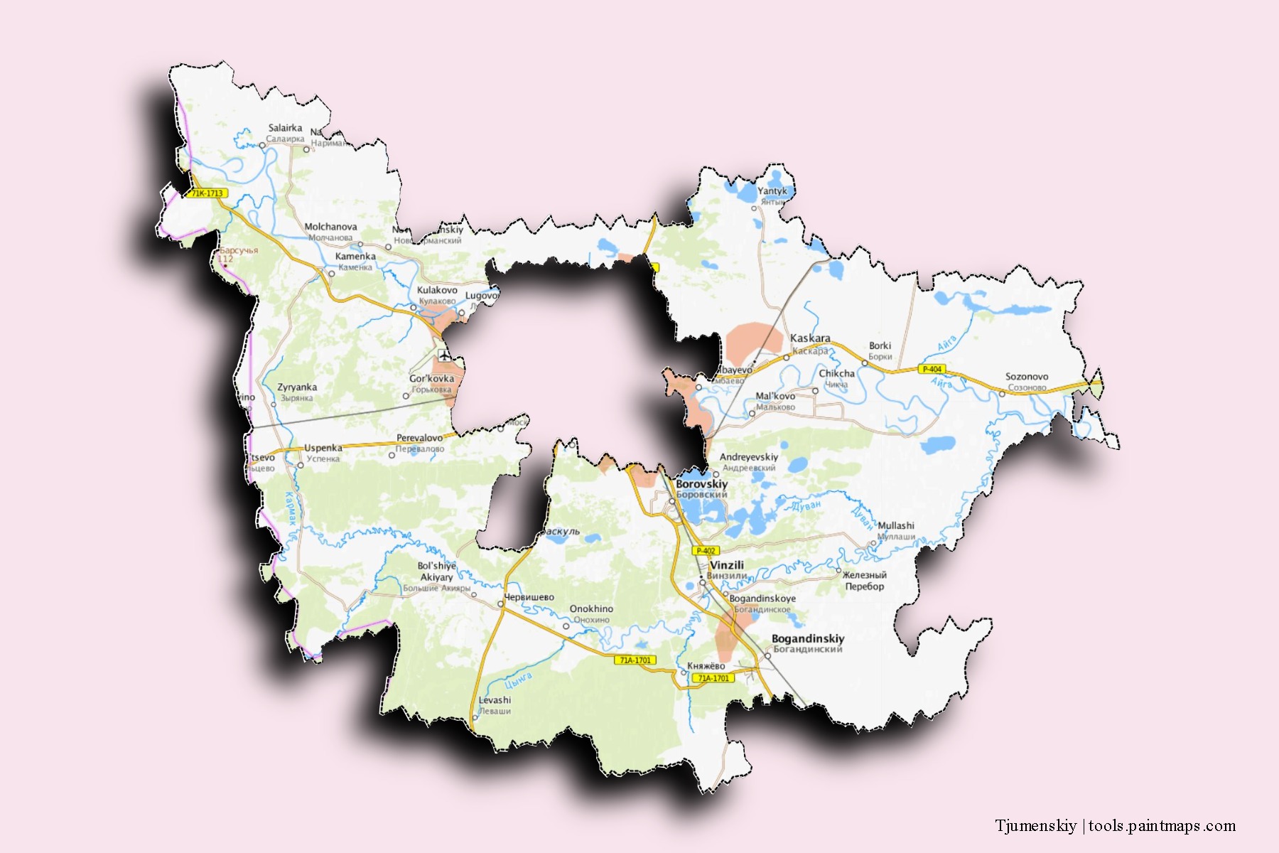 Tjumenskiy neighborhoods and villages map with 3D shadow effect