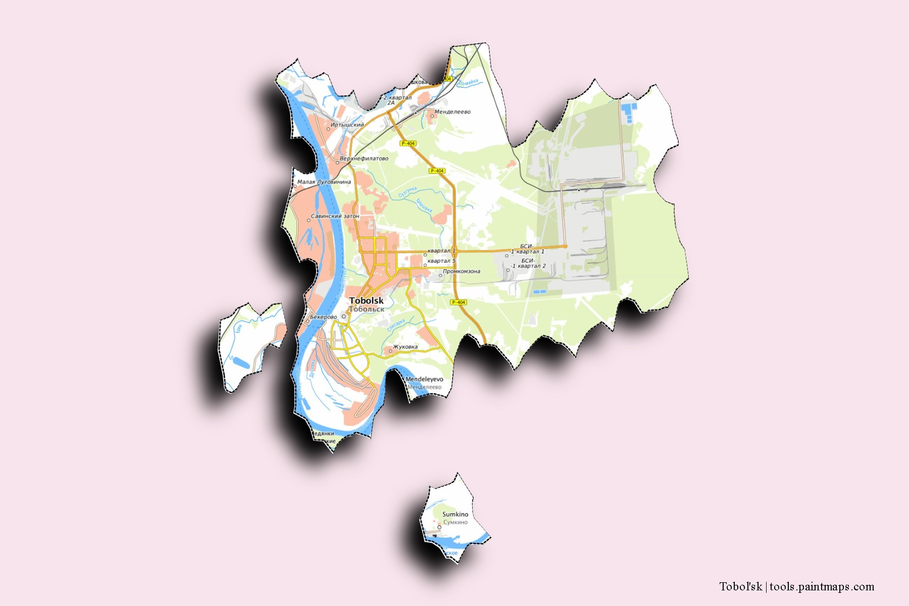 Tobol'sk neighborhoods and villages map with 3D shadow effect