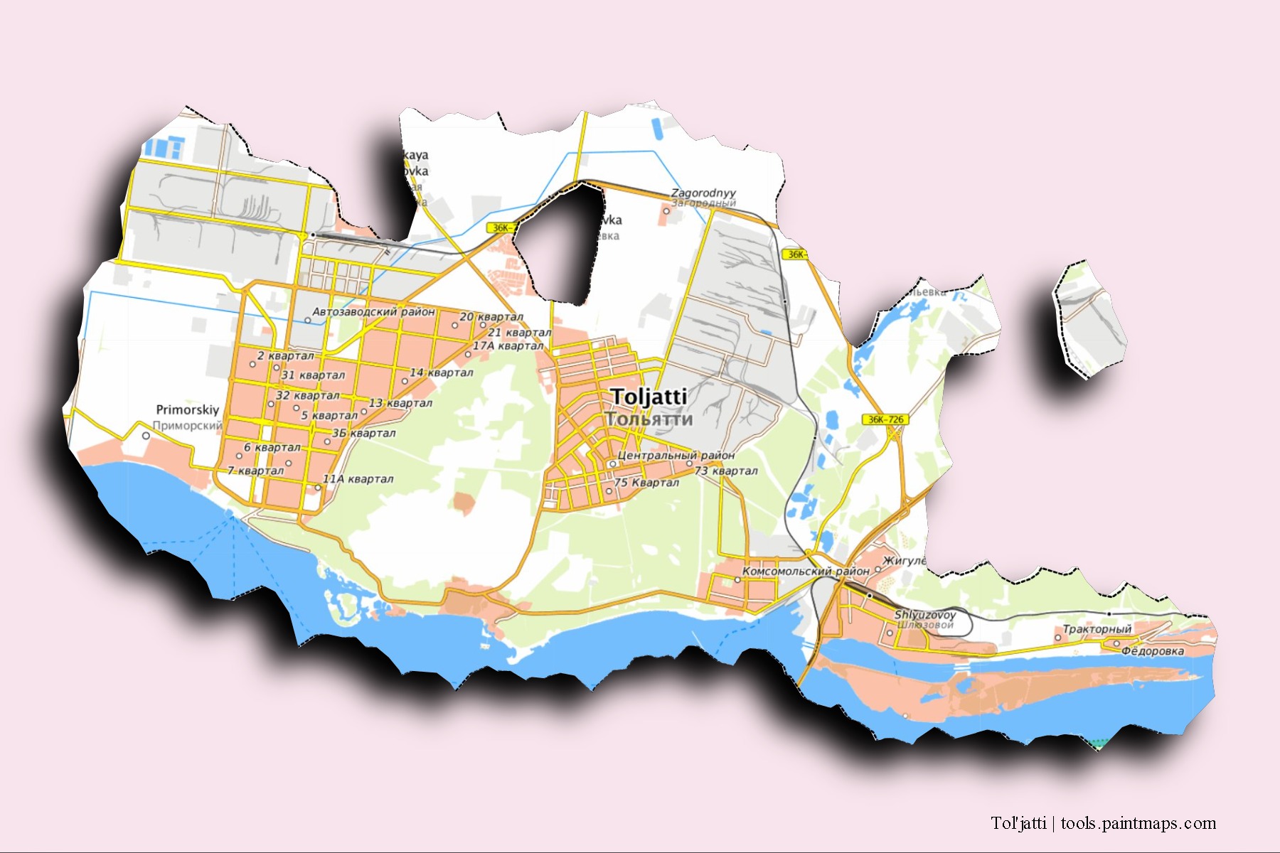 Tol'jatti neighborhoods and villages map with 3D shadow effect