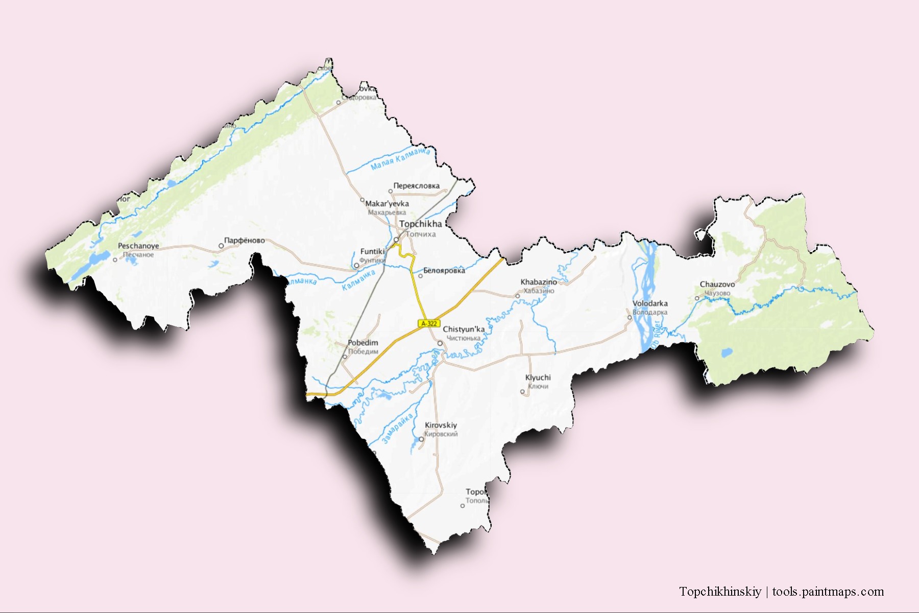 Mapa de barrios y pueblos de Topchikhinskiy con efecto de sombra 3D