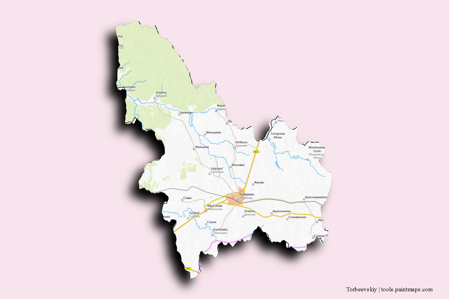 Mapa de barrios y pueblos de Torbeevskiy con efecto de sombra 3D