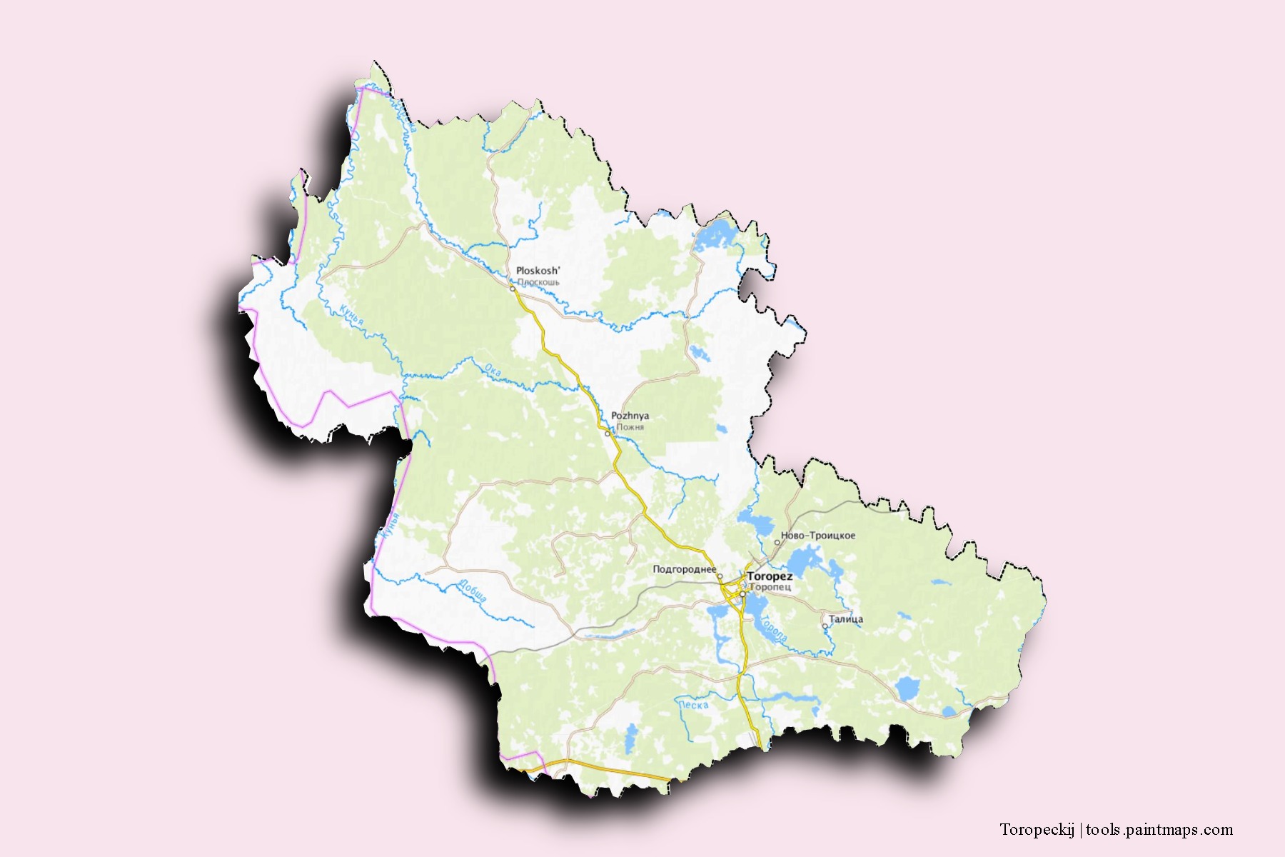 Mapa de barrios y pueblos de Toropeckij con efecto de sombra 3D