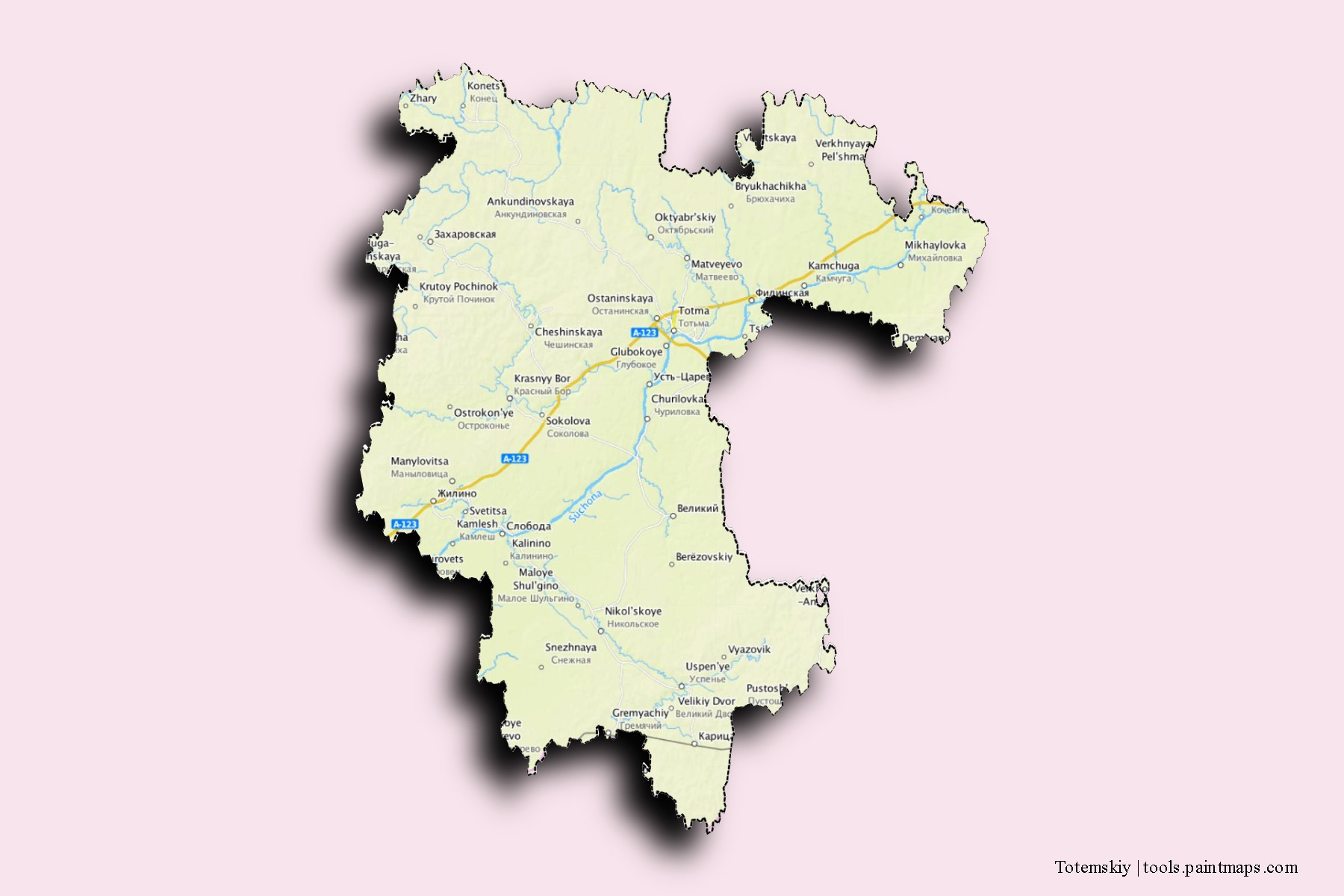 Mapa de barrios y pueblos de Totemskiy con efecto de sombra 3D