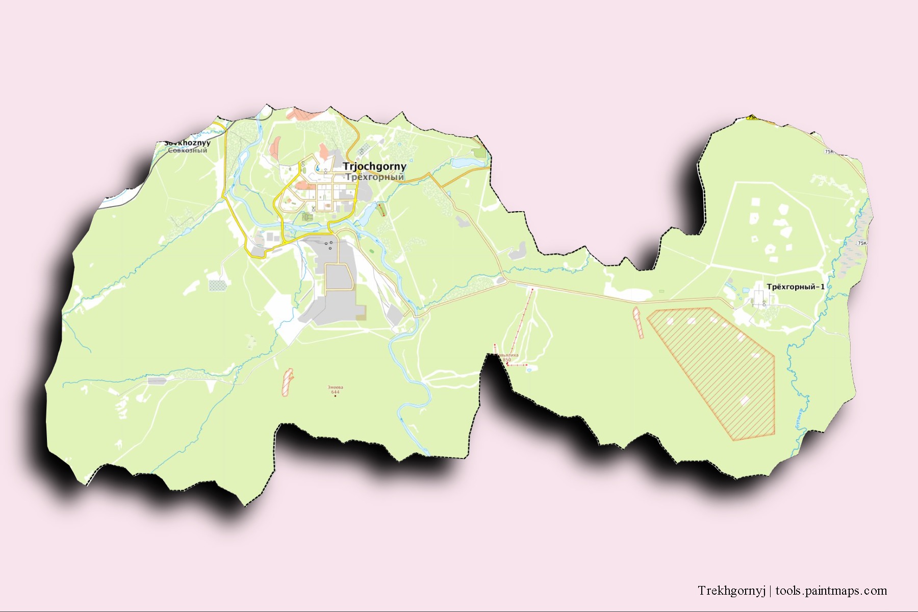 Trekhgornyj neighborhoods and villages map with 3D shadow effect