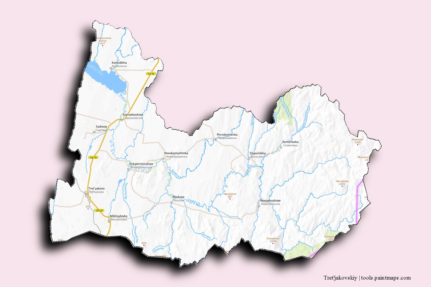 Mapa de barrios y pueblos de Tret'jakovskiy con efecto de sombra 3D