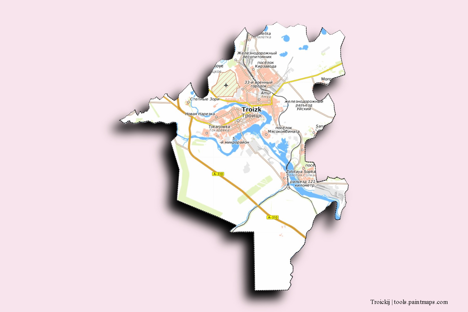 Mapa de barrios y pueblos de Troickij con efecto de sombra 3D