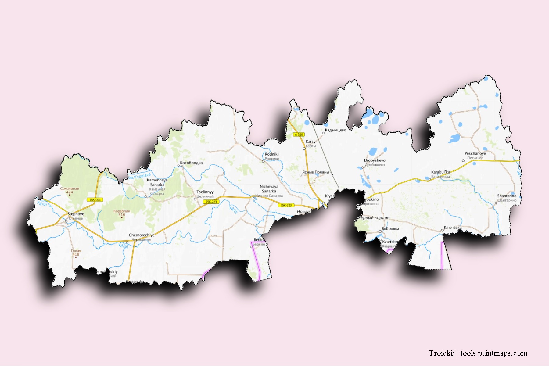 Mapa de barrios y pueblos de Troickij con efecto de sombra 3D