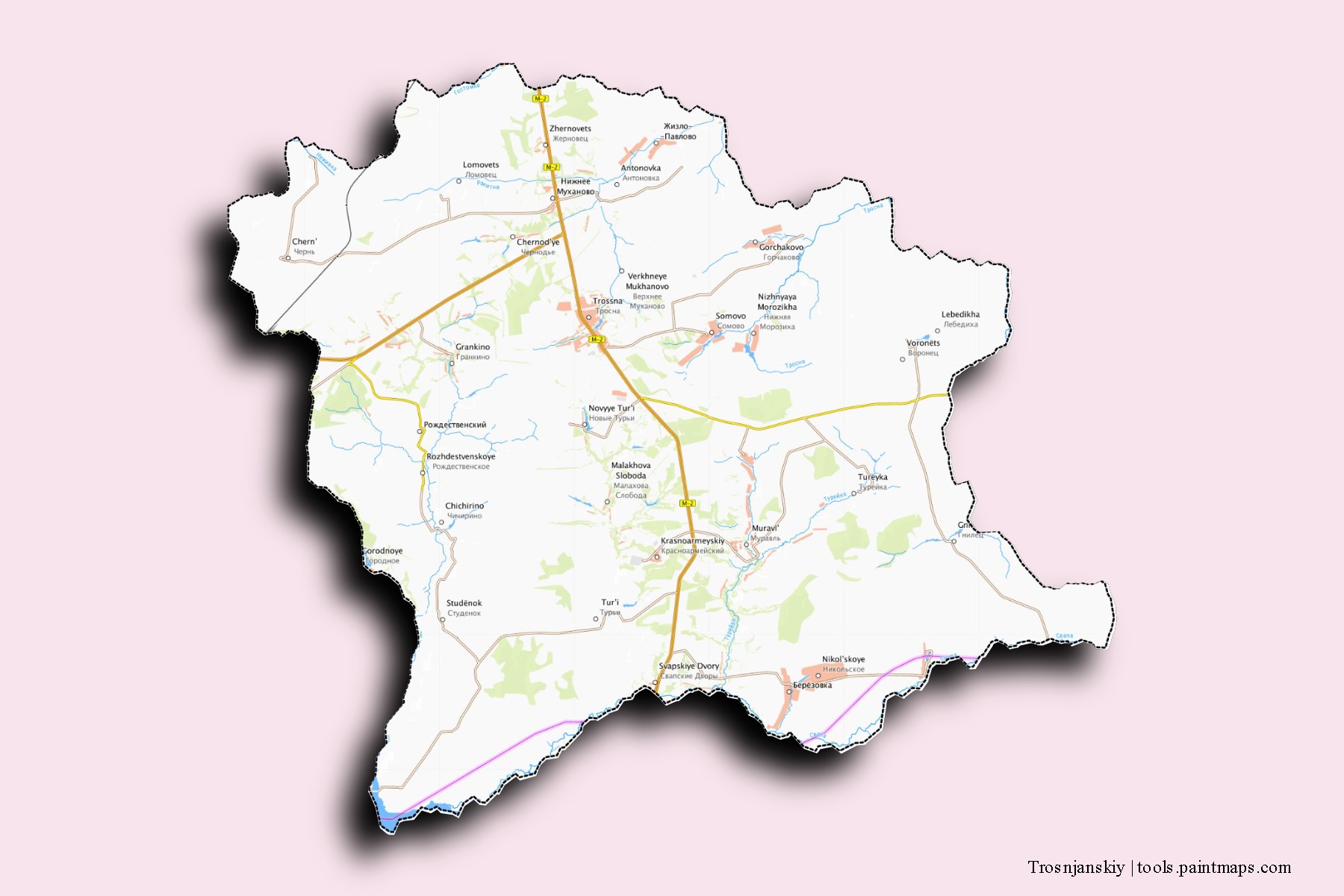 Mapa de barrios y pueblos de Trosnjanskiy con efecto de sombra 3D