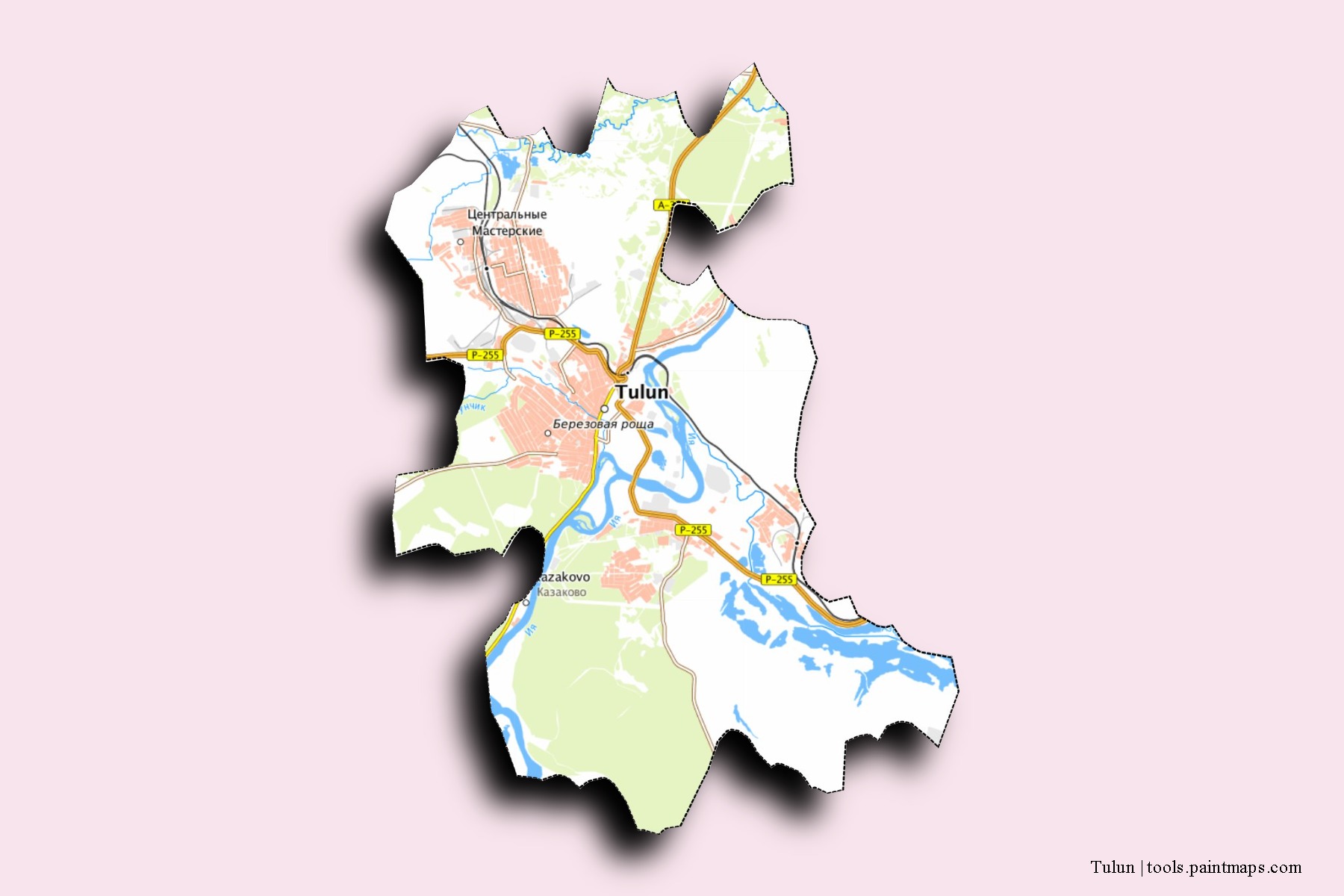 Tulun neighborhoods and villages map with 3D shadow effect