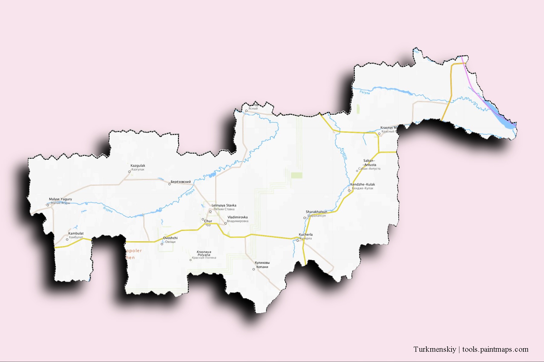 Turkmenskiy neighborhoods and villages map with 3D shadow effect