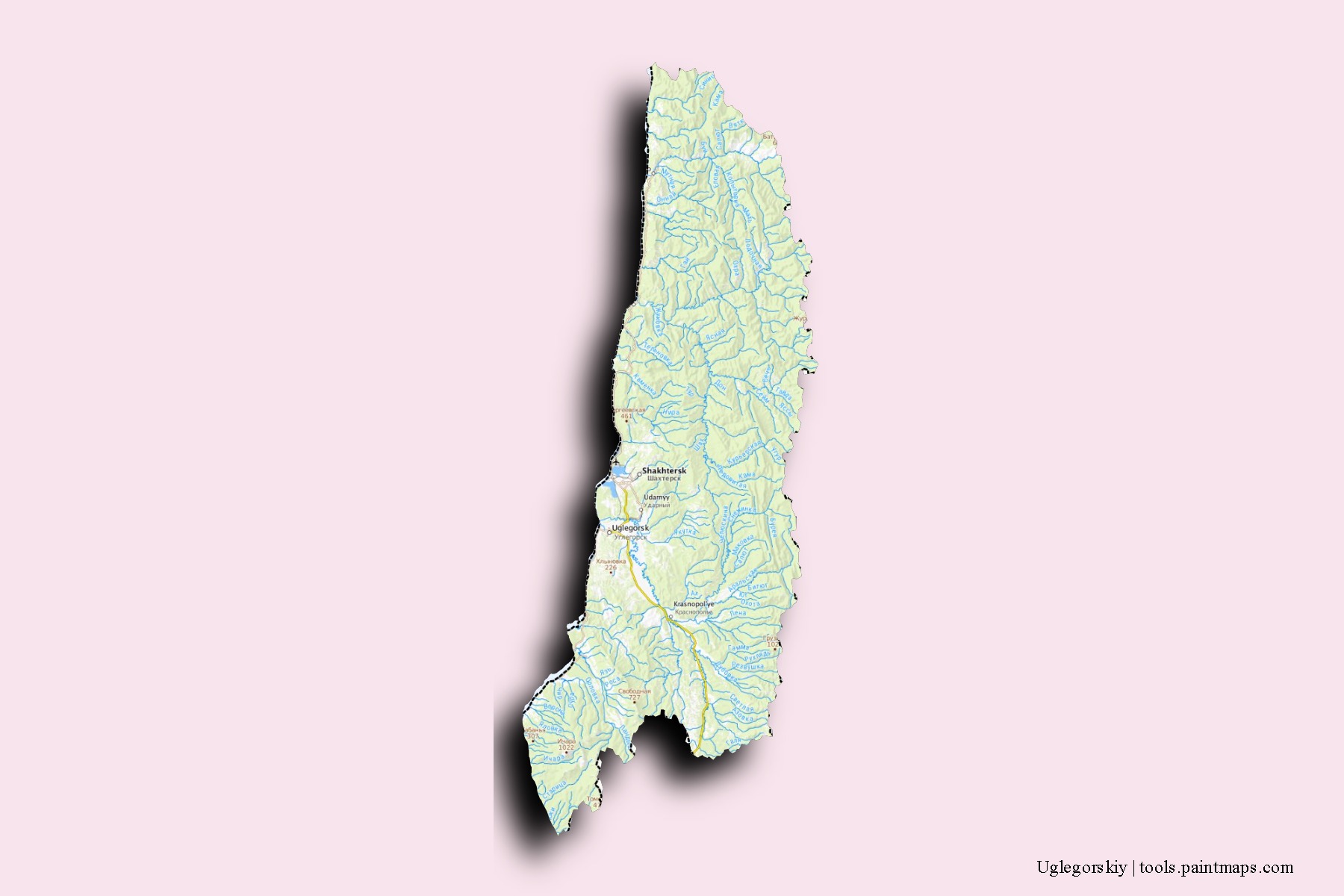 Mapa de barrios y pueblos de Uglegorskiy con efecto de sombra 3D