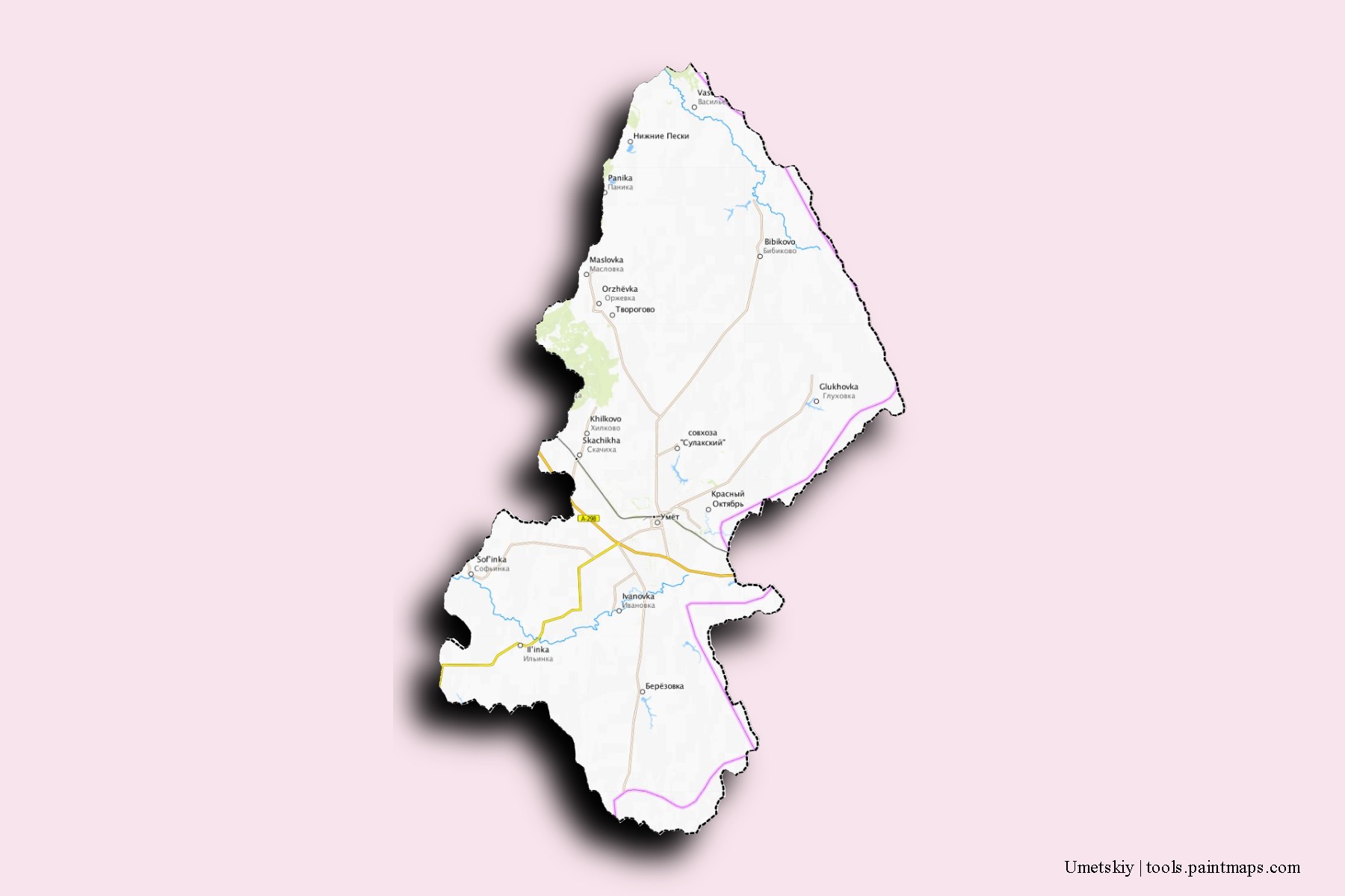 Mapa de barrios y pueblos de Umetskiy con efecto de sombra 3D