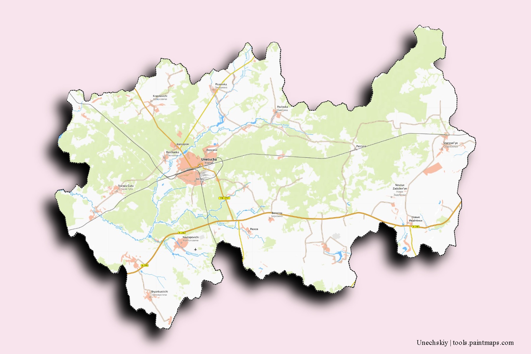 Mapa de barrios y pueblos de Unechskiy con efecto de sombra 3D