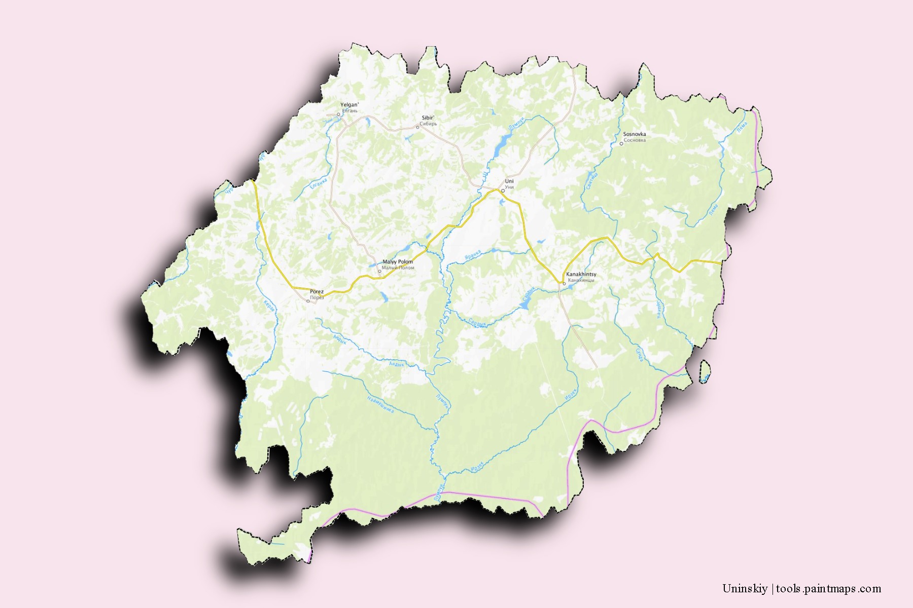 Mapa de barrios y pueblos de Uninskiy con efecto de sombra 3D