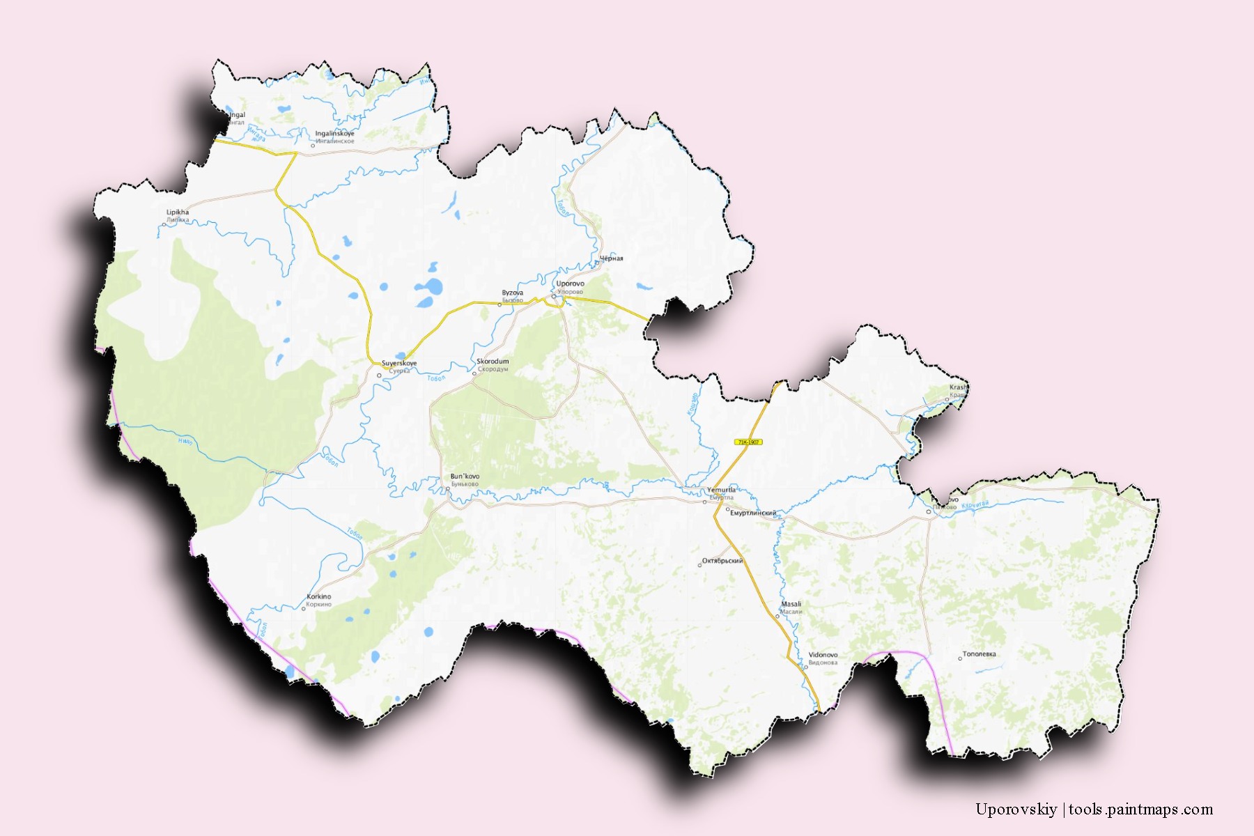 Mapa de barrios y pueblos de Uporovskiy con efecto de sombra 3D