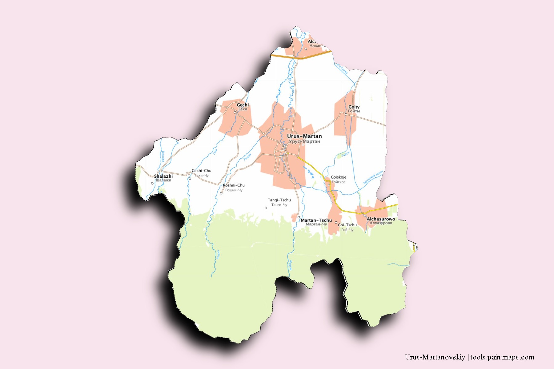 3D gölge efektli Urus-Martanovskiy mahalleleri ve köyleri haritası