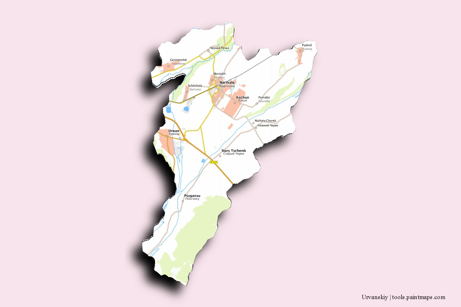 Urvanskiy neighborhoods and villages map with 3D shadow effect