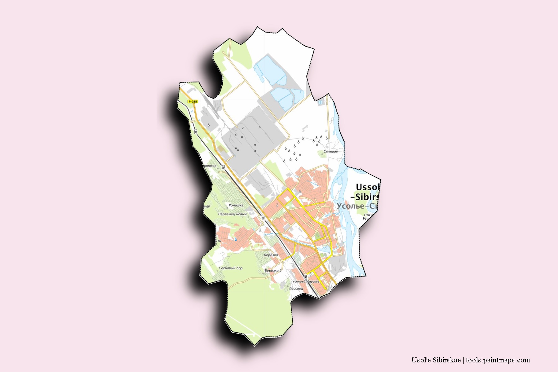 Usol'e Sibirskoe neighborhoods and villages map with 3D shadow effect