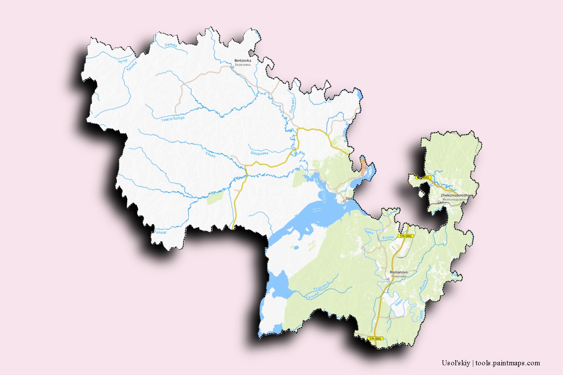 Usol'skiy neighborhoods and villages map with 3D shadow effect