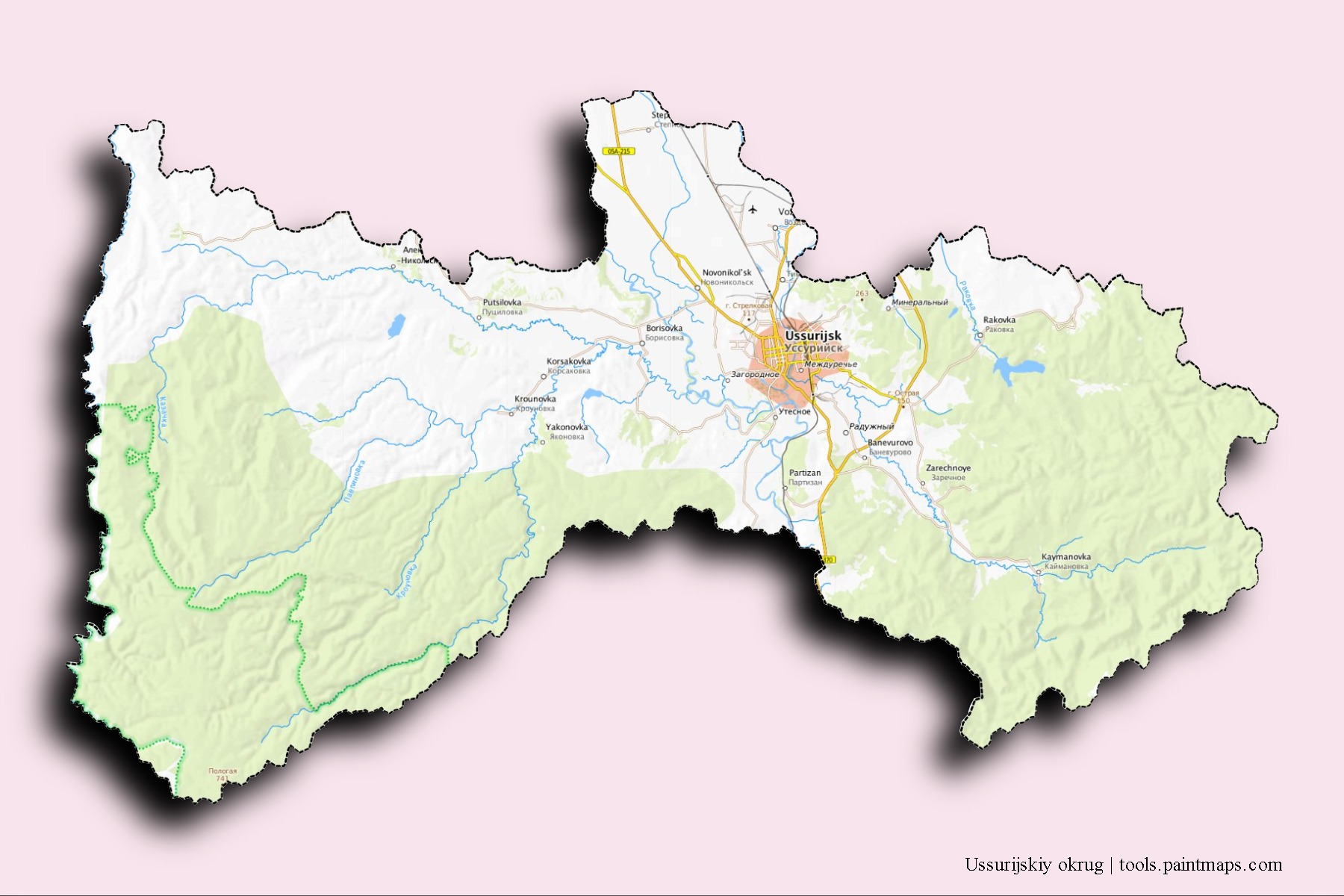 Ussurijskiy okrug neighborhoods and villages map with 3D shadow effect