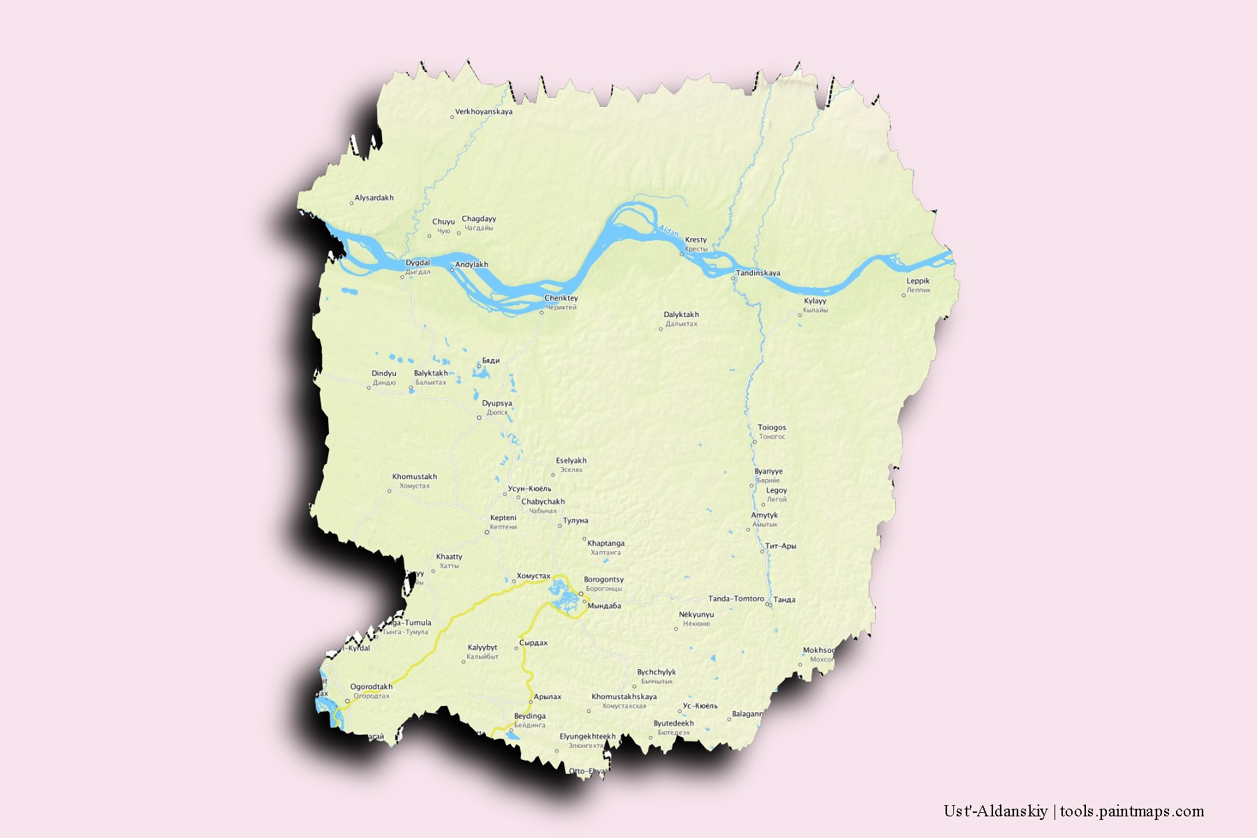 Mapa de barrios y pueblos de Ust'-Aldanskiy con efecto de sombra 3D