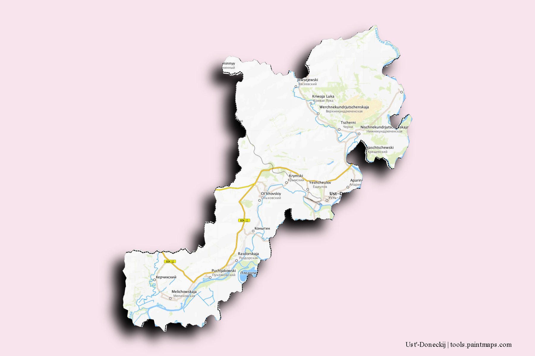 Ust'-Doneckij neighborhoods and villages map with 3D shadow effect