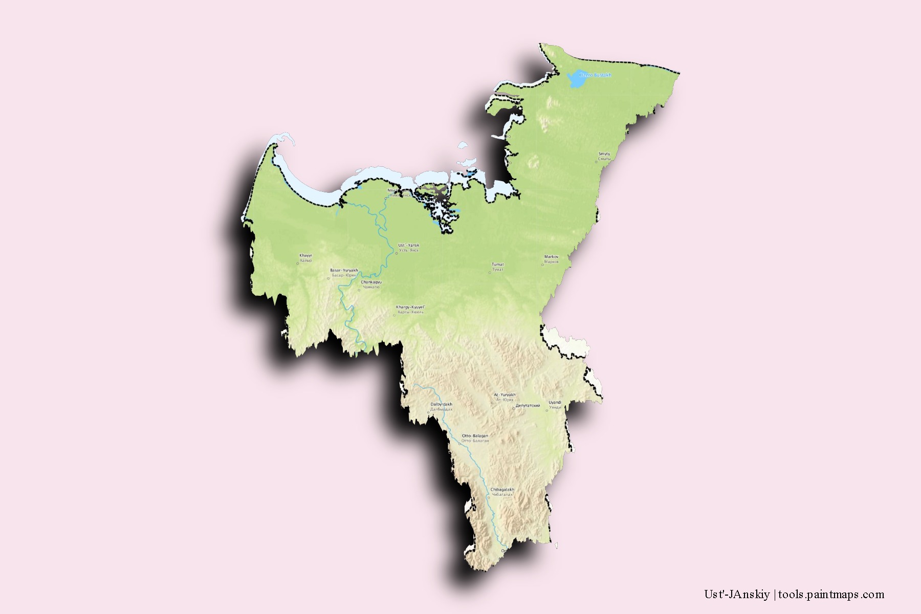 3D gölge efektli Ust'-JAnskiy mahalleleri ve köyleri haritası