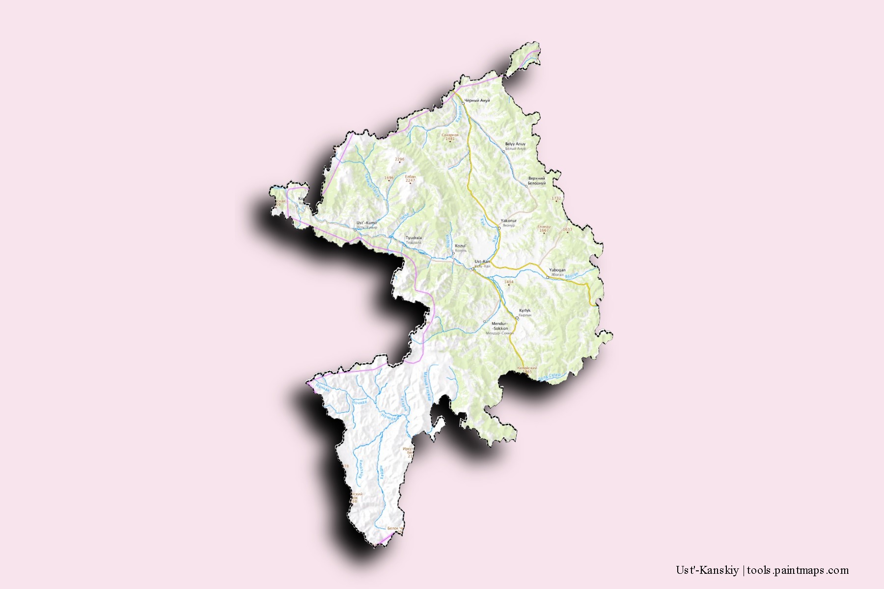 Mapa de barrios y pueblos de Ust'-Kanskiy con efecto de sombra 3D