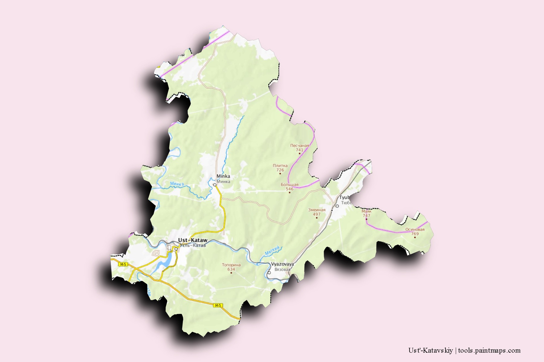 Mapa de barrios y pueblos de Ust'-Katavskiy con efecto de sombra 3D