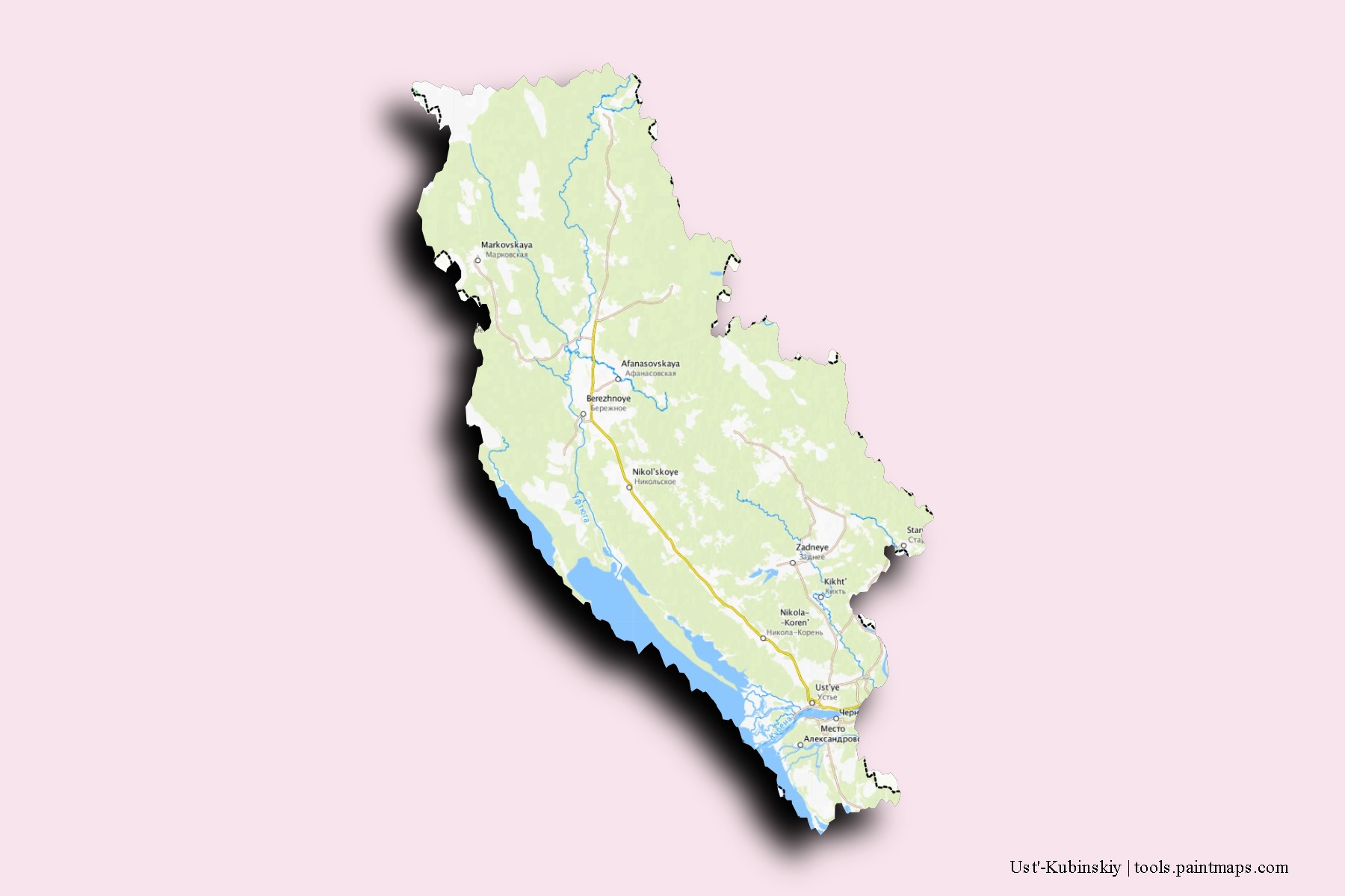 Ust'-Kubinskiy neighborhoods and villages map with 3D shadow effect