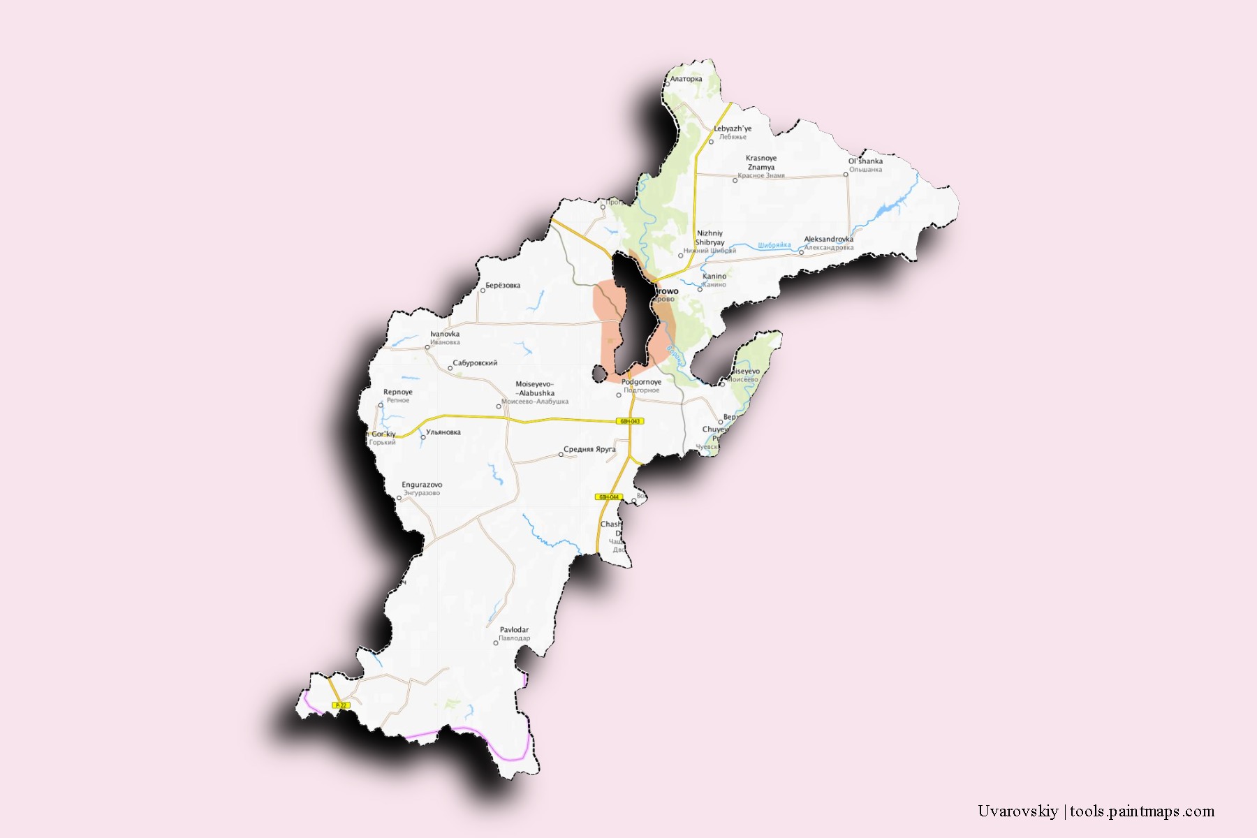 Uvarovskiy neighborhoods and villages map with 3D shadow effect