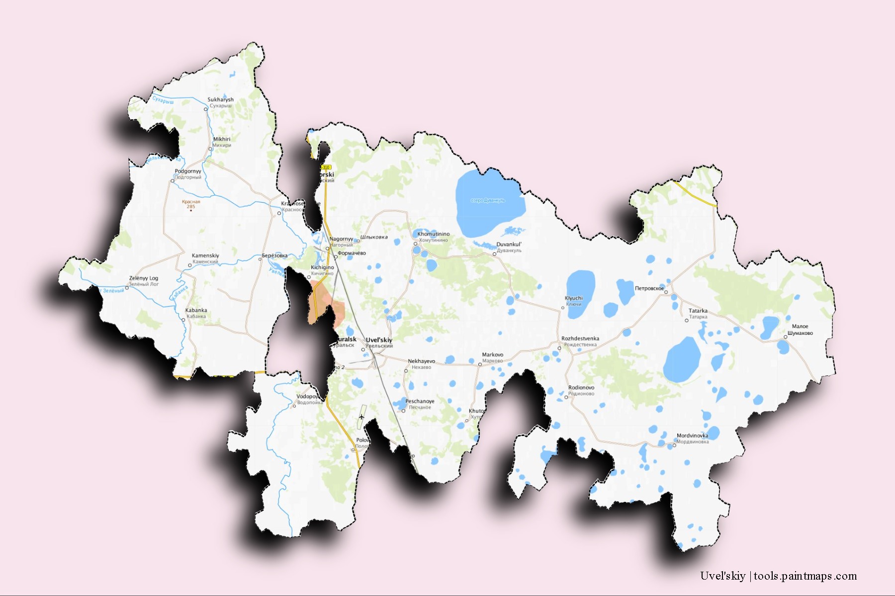 Mapa de barrios y pueblos de Uvel'skiy con efecto de sombra 3D