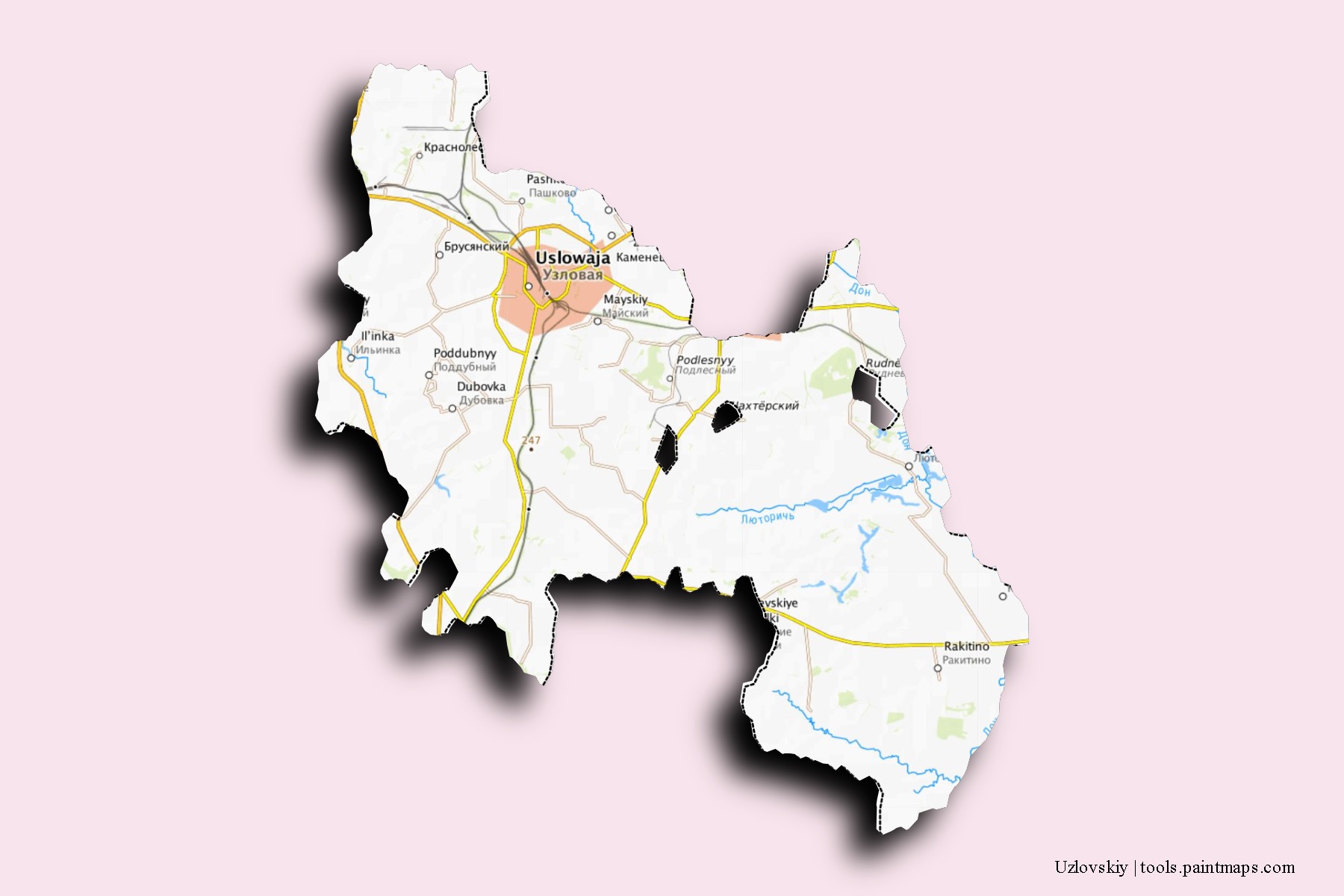 Uzlovskiy neighborhoods and villages map with 3D shadow effect