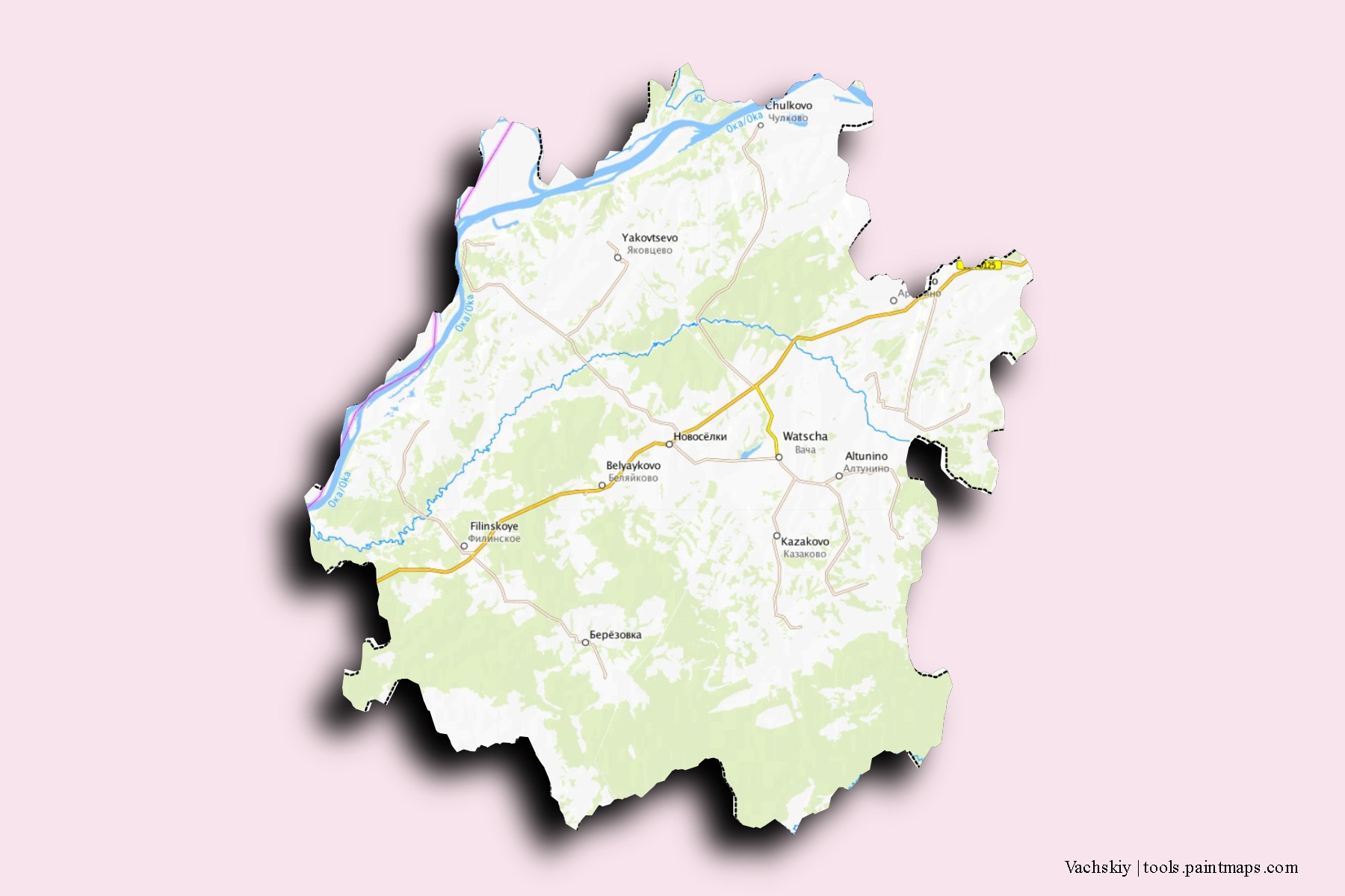 Mapa de barrios y pueblos de Vachskiy con efecto de sombra 3D