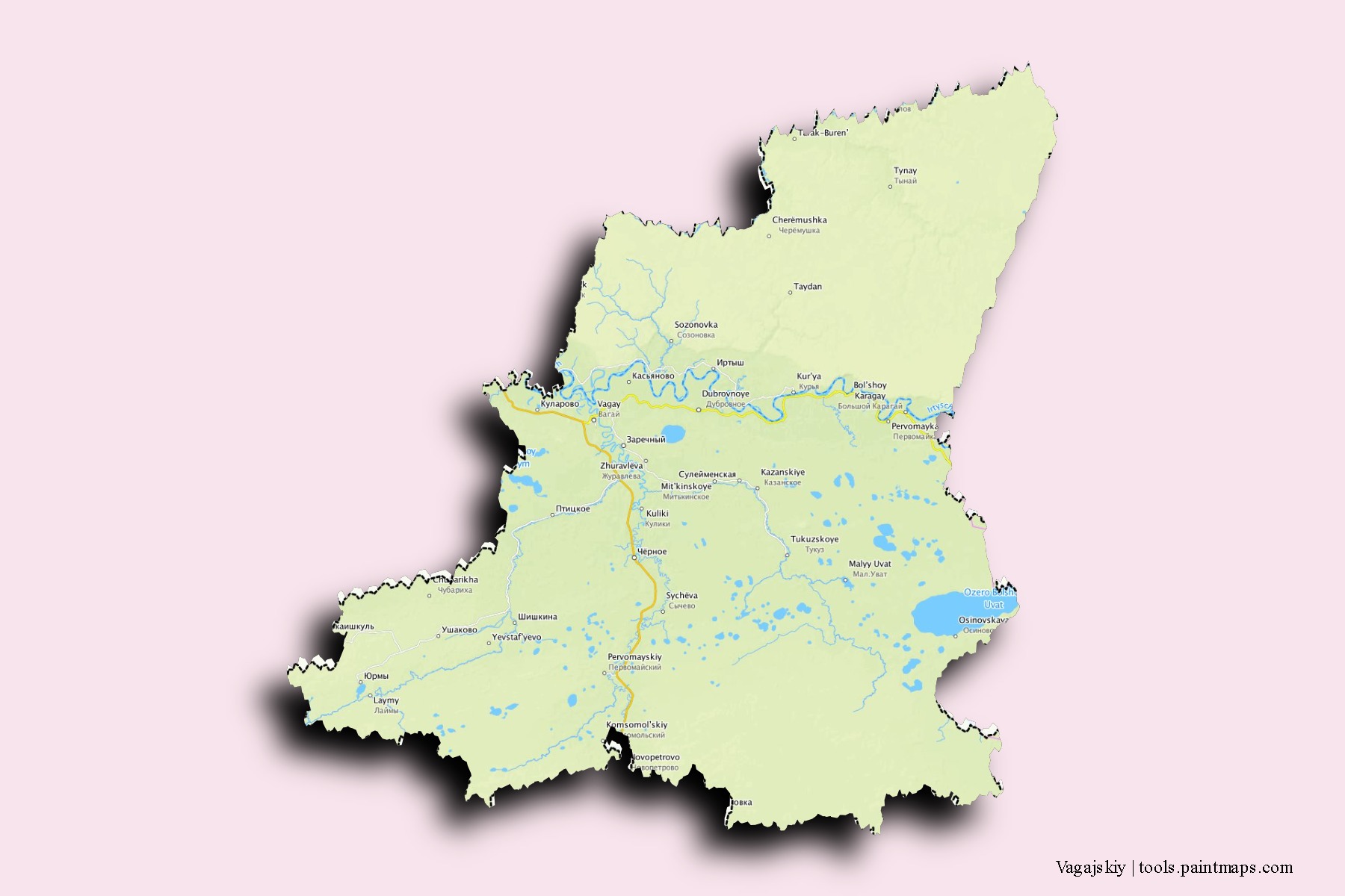 Mapa de barrios y pueblos de Vagajskiy con efecto de sombra 3D