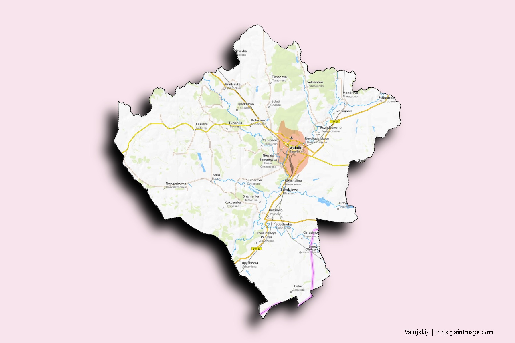 Valujskiy neighborhoods and villages map with 3D shadow effect