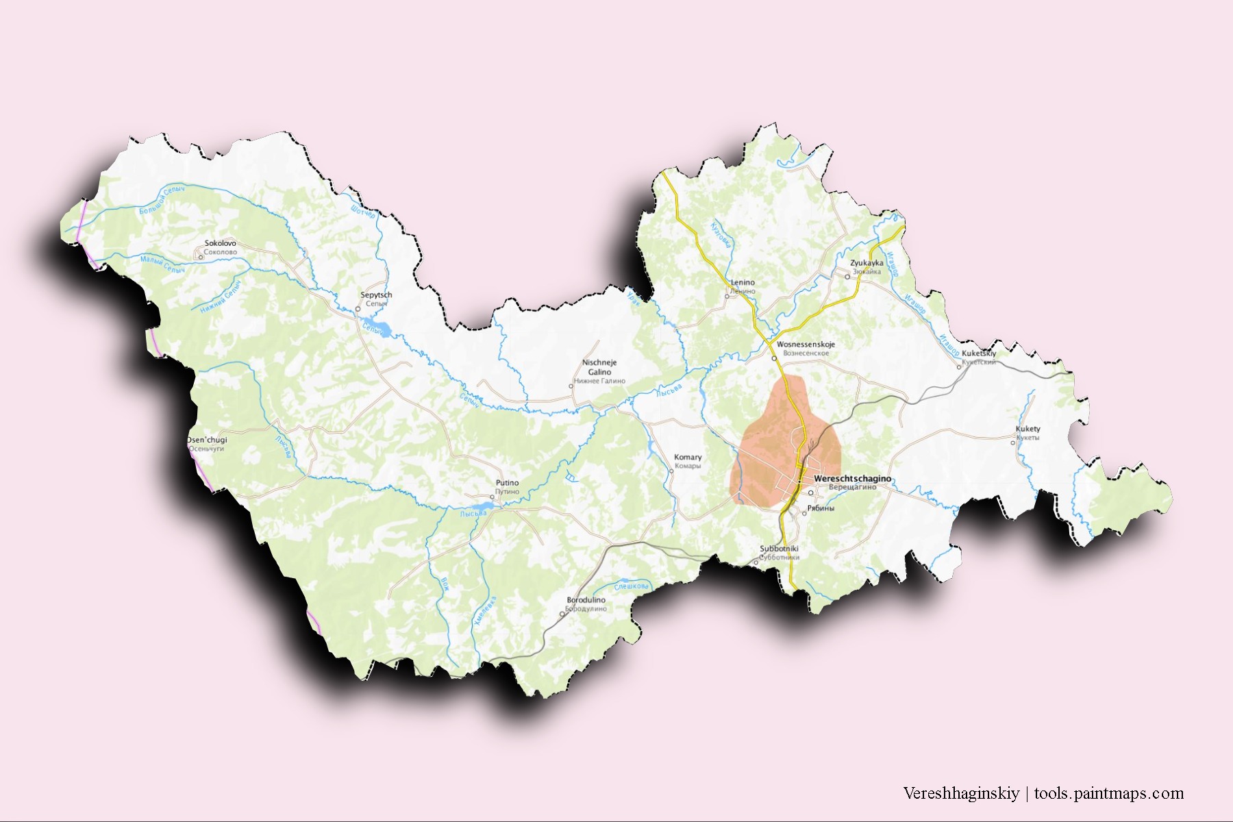 Vereshhaginskiy neighborhoods and villages map with 3D shadow effect