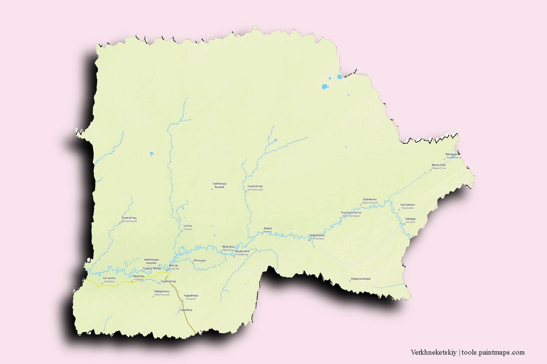 Verkhneketskiy neighborhoods and villages map with 3D shadow effect